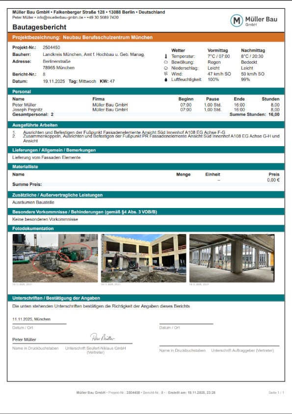 Sample generated PDF construction daily report